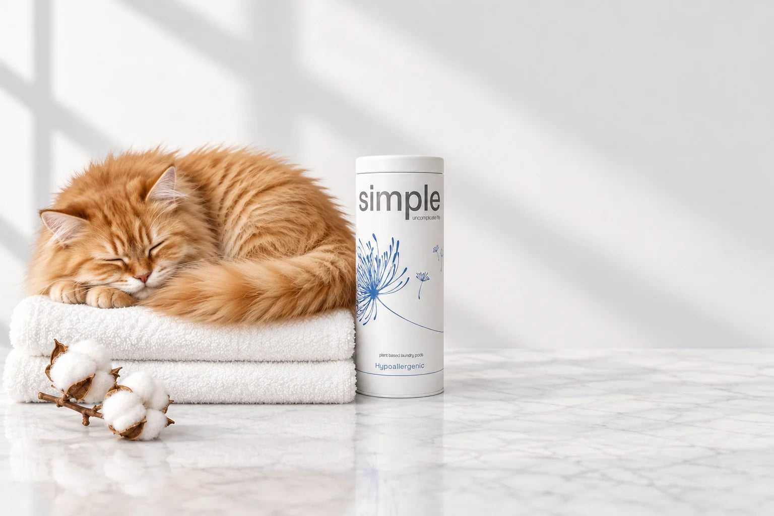 Amber asleep on folded white towels beside a simple tin