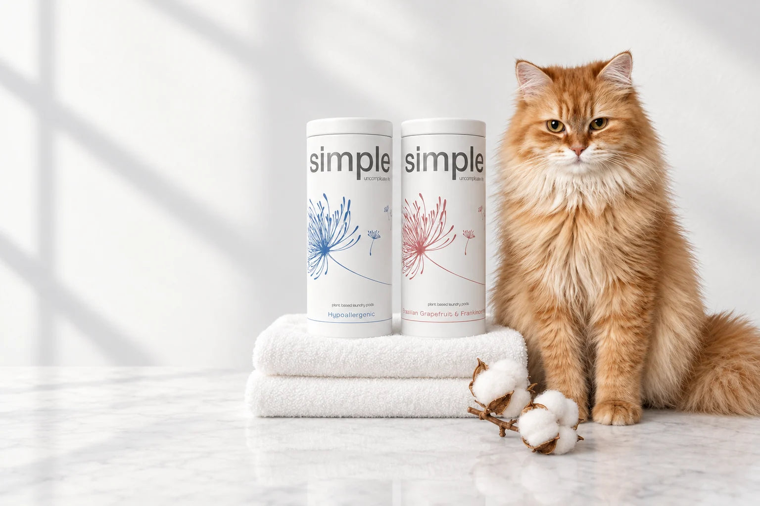 Amber, a ginger cat, sitting beside the two simple tins on a stack of folded white towels