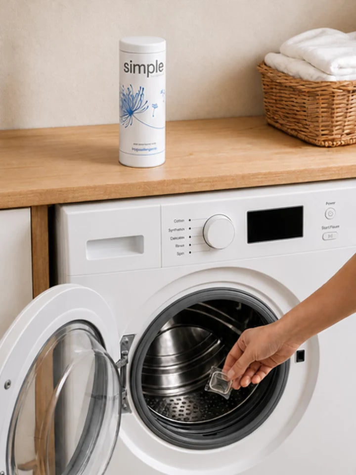 One clear laundry pod going into the empty drum; the machine display is off